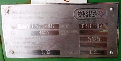 Westfalia HDB 50-06-006 nozzle centrifuge, 316SS.