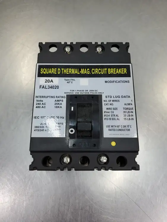 Used Square D FAL34020 Circuit Breaker, 3 Pole, 20A, 480V Circuit Breakers South Carolina US | Palmetto Automation #1151488
