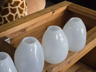 Lot of (4) Handblown Art Glass Table Vases by Holmegaard 6" x 7" (white) (rounded triangle)