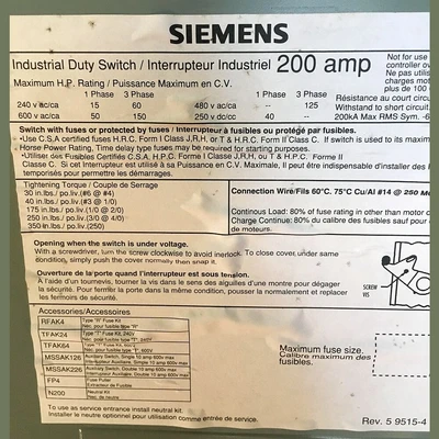 Siemens 200 Amp 600 Volt Fusible Disconnect