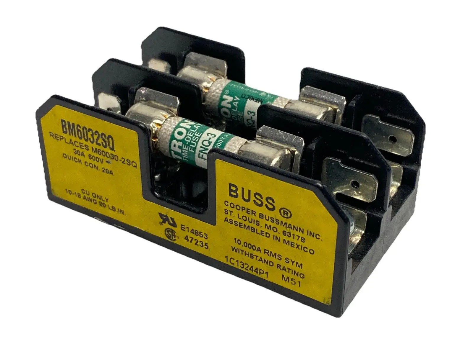 USED BUSSMANN 2-POLE MIDGET FUSE BLOCK 30A 600V W/ TRON FNQ-3 FUSES