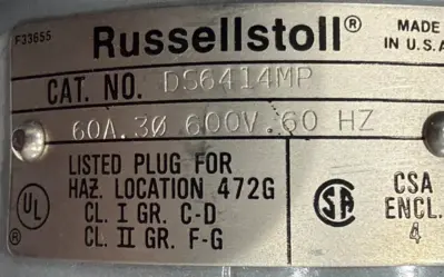 NEW RUSSELLSTOLL DS6414MP MAXGARD MALE PLUG 60A 600V 3 PHASE 4 WIRE