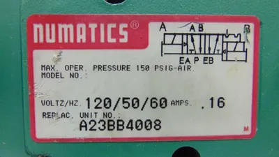 Numatics A23BB4008 Sol-Pilot Valve 150PSIG-AIR .16A 120V 50/60Hz Used