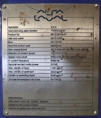 Alfa-Laval S-815 fuel/lube oil purifier, 316SS.