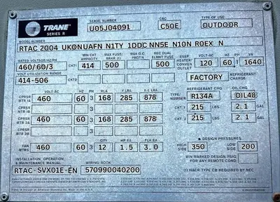 USED TRANE RTAC 2004 UK0N UAFN N1TY 1DDC NN5E N10N R0EX N