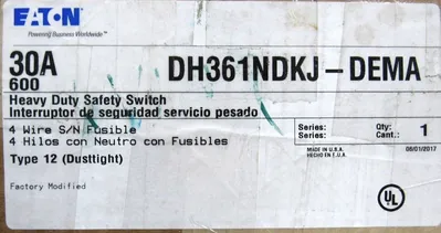 NEW EATON DH361NDKJ-DEMA SAFETY SWITCH 30A 600V DH361NDKJDEMA TYPE 12
