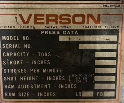 Used 1977 VERSON T-SE2-1500-96-54 Straight Side Presses Michigan US | Aucto #1334346