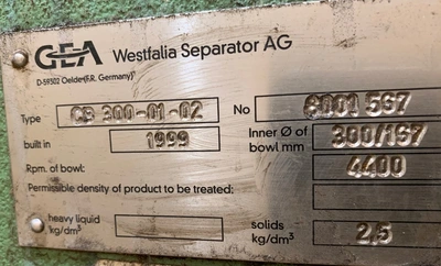 Westfalia CB 300-01-02 decanter centrifuge, 316SS.