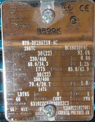 NEW BROOK CROMPTON BC4N030V4C MOTOR 30HP WPN-DF286TSW-4C 230/460V