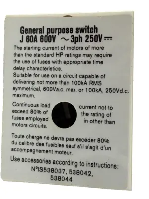USED EATON R9J3060FJ FUSIBLE ROTARY DISCONNECT 60A 3POLES 600VAC