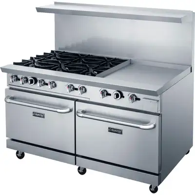 New | in-Stock Dukers New Dukers DCR60-6B24GM 60" Gas Range with Six (6) Open Burners & 24" Flat Top Griddle Commercial Ranges Illinois US | Falcon Restaurant Supply #1376298