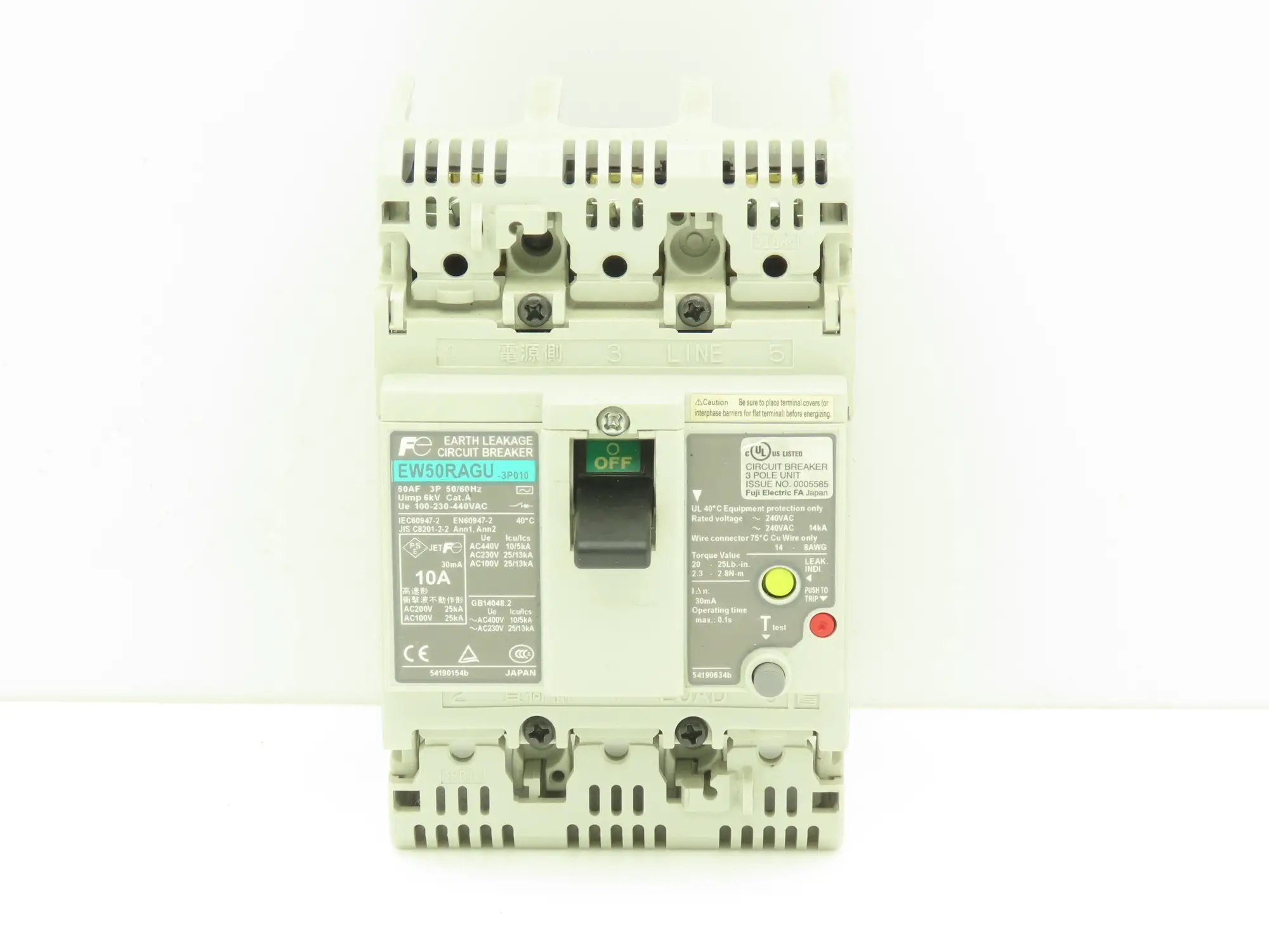 Fuji Electric EW50RAGU-3P010 Earth Leakage Circuit Breaker 3-Pole 10A 100-440VAC