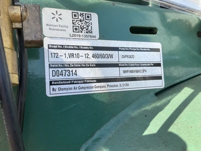 Used CHAMPION 172-1,VR10- 12, 460/60/3/W Lubricated Reciprocating Air Compressors Michigan US | Miedema Asset Management Group #1761134