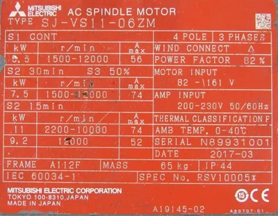 REFURBISHED MITSUBISHI SJ-VS11-06ZM SERVO MOTOR SJVS1106ZM
