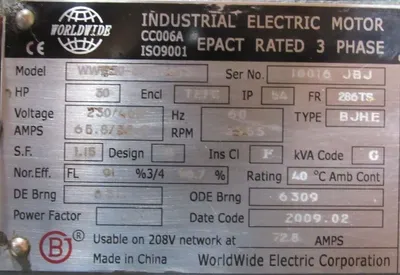 NEW WORLDWIDE ELECTRIC WWE50-36-286TS MOTOR 30HP 230/460V 3555 RPM 286TS BJHE