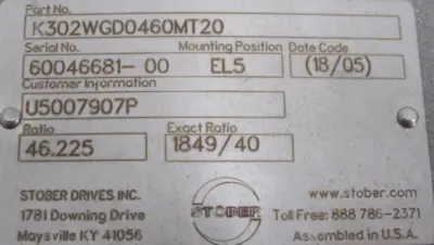 REFURBISHED STOBER K302WGD0460MT20 GEAR REDUCER 46.225