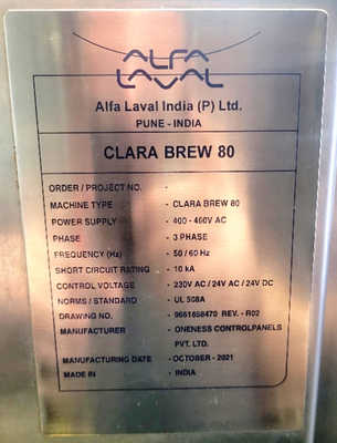 Alfa-Laval CLARA BREW 80 clarifier skid, 316SS.