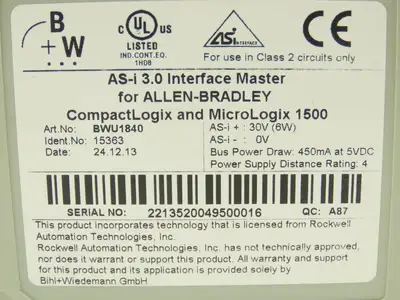 Bihl Wiedemann BWU1840 AS-i 3.0 Interface Master AB Compact & Micro Logix 1500