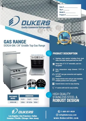 New | in-Stock Dukers New Dukers DCR24-GM 24" Gas Range with 24" Flat Top Griddle Commercial Ranges Illinois US | Falcon Restaurant Supply #1376295