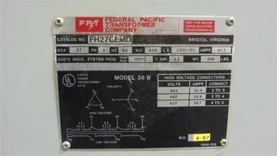 27 KVA Dry Type Transformer Primary 460 Delta Secondary 230Y/133 FH27CEMD Federal Pacific TESTED