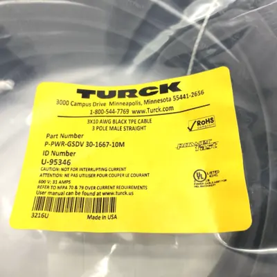 NEW TURCK POWERFAST STRAIGHT MALE CABLE 3-PIN U-95346