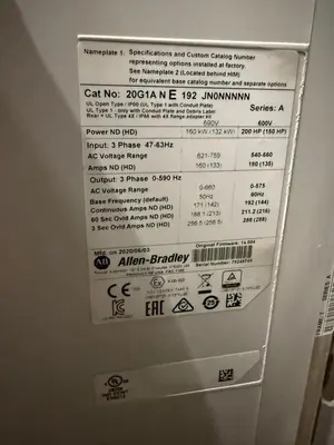 200 HP ALLEN BRADLEY POWERFLEX 755 DRIVE CAT. 20G1ANE192JN0NNNNN 600V