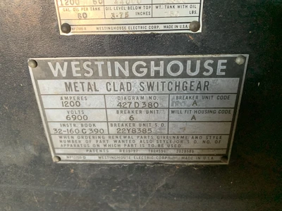 Westinghouse B-28-B Oil Circuit Breaker 1200A, 6900V, 125V Trip