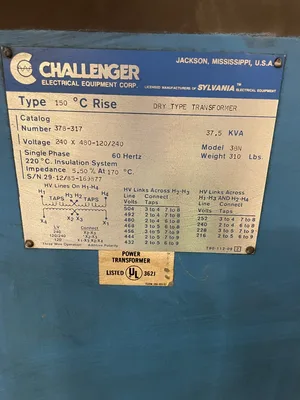 Challenger 3BN Transformer 37.5KVA 240V 480-120/240V Single Phase 60Hz