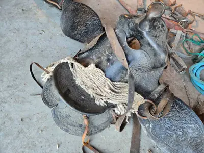 Vintage Western Saddle and Tack Set including Saddle, Stirrups, Reins, and Rope