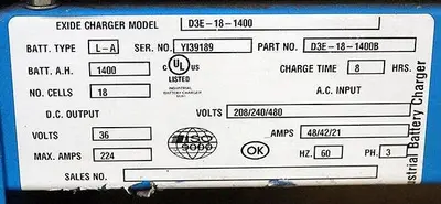 USED EXIDE D3E-18-1400, TYPE LA 36 VOLT BATTERY CHARGER