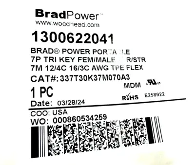 NEW BRADPOWER 1300622041 PORTABLE CORDSET 7P FEMALE/MALE 7M 337T30K37M070A3