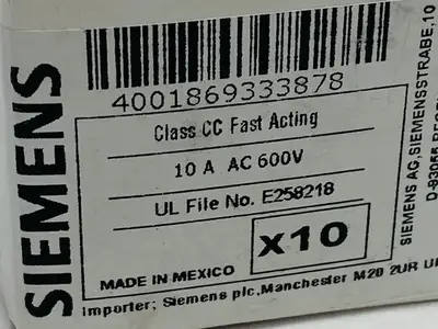 3NW2100-0HG | Siemens  Cylindrical Fuse Link Class CC 10A 600V LOT OF 10 - New Other