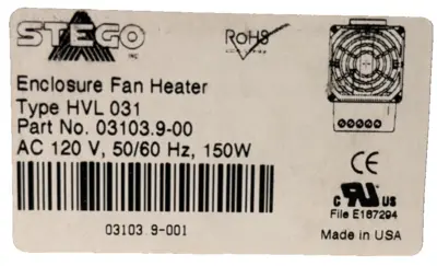 NEW STEGO HVL031 ENCLOSURE FAN HEATER 120V 50/60Hz 150W