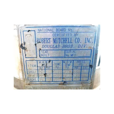 Used Robert Mitchell Co. 20 Gallon Stainless Steel Jacketed Reactor