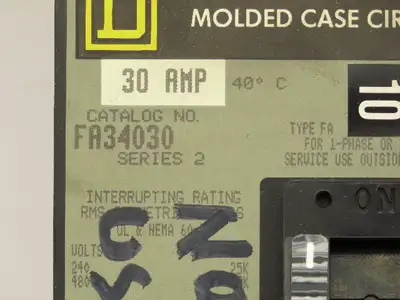 Square D FA36030 I-Line Circuit Breaker 30A 3 Pole 600V Plug-On Ser 2 Gray Face