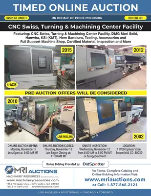 CNC SWISS, TURNING & MACHINING CENTER FACILITY AUCTION - On Behalf of Price Precision