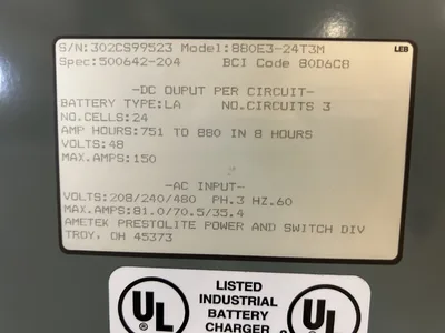Prestolite 880E3-24T3M Battery Mate 24 VDC Industrial Forklift Battery Charger