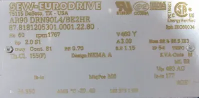 NEW SEW EURODRIVE AR90 DRN90L4/BE2HR GEARMOTOR 2HP 460V