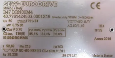 NEW SEW EURODRIVE R47 DRN80M4 GEARMOTOR 277/480V 52.69 R47DRN80M4