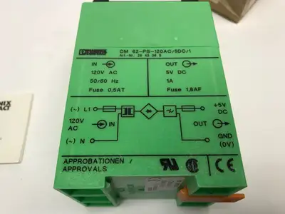 New | in-Stock PHOENIX CONTACT DIN RAIL MOUNT, 120VAC, 5V DC POWER SUPPLY MODULE AC/DC Power Supplies | Maverick Industrial Sales #1107110