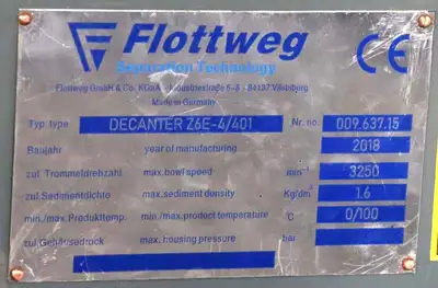 Flottweg Z6E-4/401 decanter centrifuge, 316SS.