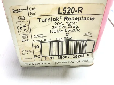 Turnlok L520-R Black Receptacle 20A 125V 2P 3W NEMA L5-20R (Lot of 6)