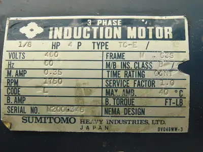 Sumitomo RMF01-20L Hyponic Drive Gearmotor 30:1 Reducer 60rpm 1/8Hp 460V 3PH 63S