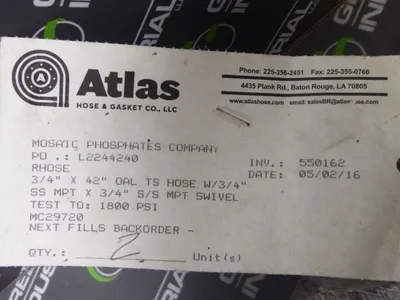 Atlas Hose and Gasket Hose Pair 3/4" x 42" Oal TS Hose W/3/4" Max. 1800 PSI New