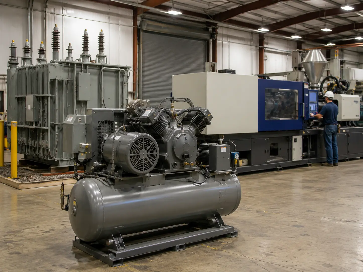 Substation transformer and high-pressure air compressor beside an injection molding machine in a shop