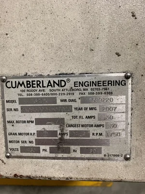 Cumberland 1620 Grinder w/infeed conveyor, blower/cyclone and baghgouse
