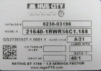 NEW HUB CITY 0230-03196 GEAR REDUCER 40:1 21640-1RWR56C1.188 023003196