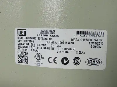 WEG USCFW090180T3848ESZ CFW 09 Adjustable Vecture Inverter Drive 380-480V 3-191A