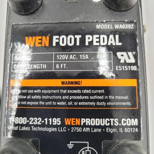 Used WEN WEN WA0392 120V 15-AMP MOMENTARY POWER FOOT PEDAL SWITCH Switch Parts | ND Industrial Surplus #1219090