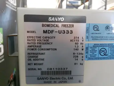 Sanyo MDF-U333 -20C Laboratory Freezer 9.7Cf FULLY TESTED